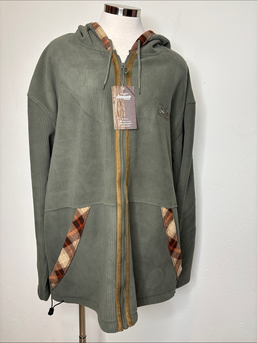 Olive Green Hooded Shirt Jacket with Plaid Trim